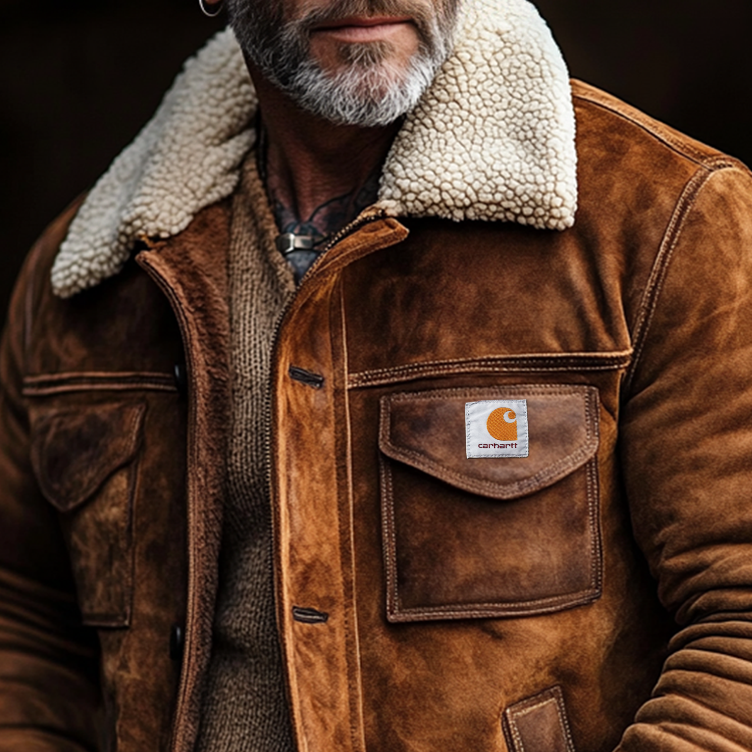 Carhartt Men's Vintage Brown Suede HeavyJacket With Shearling Collar-Unitsen
