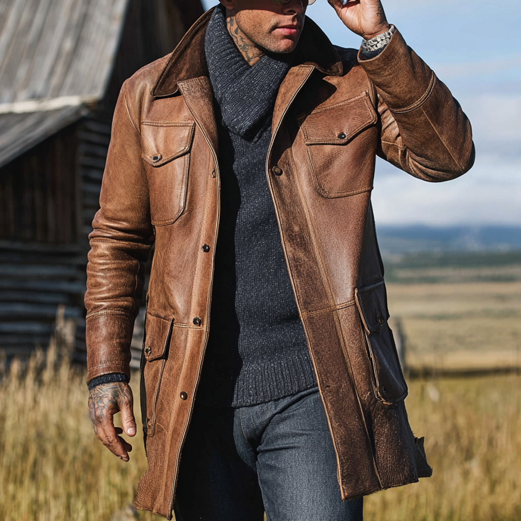 Men's Vintage Rustic Elegance: Brown Leather Coat-Unitsen