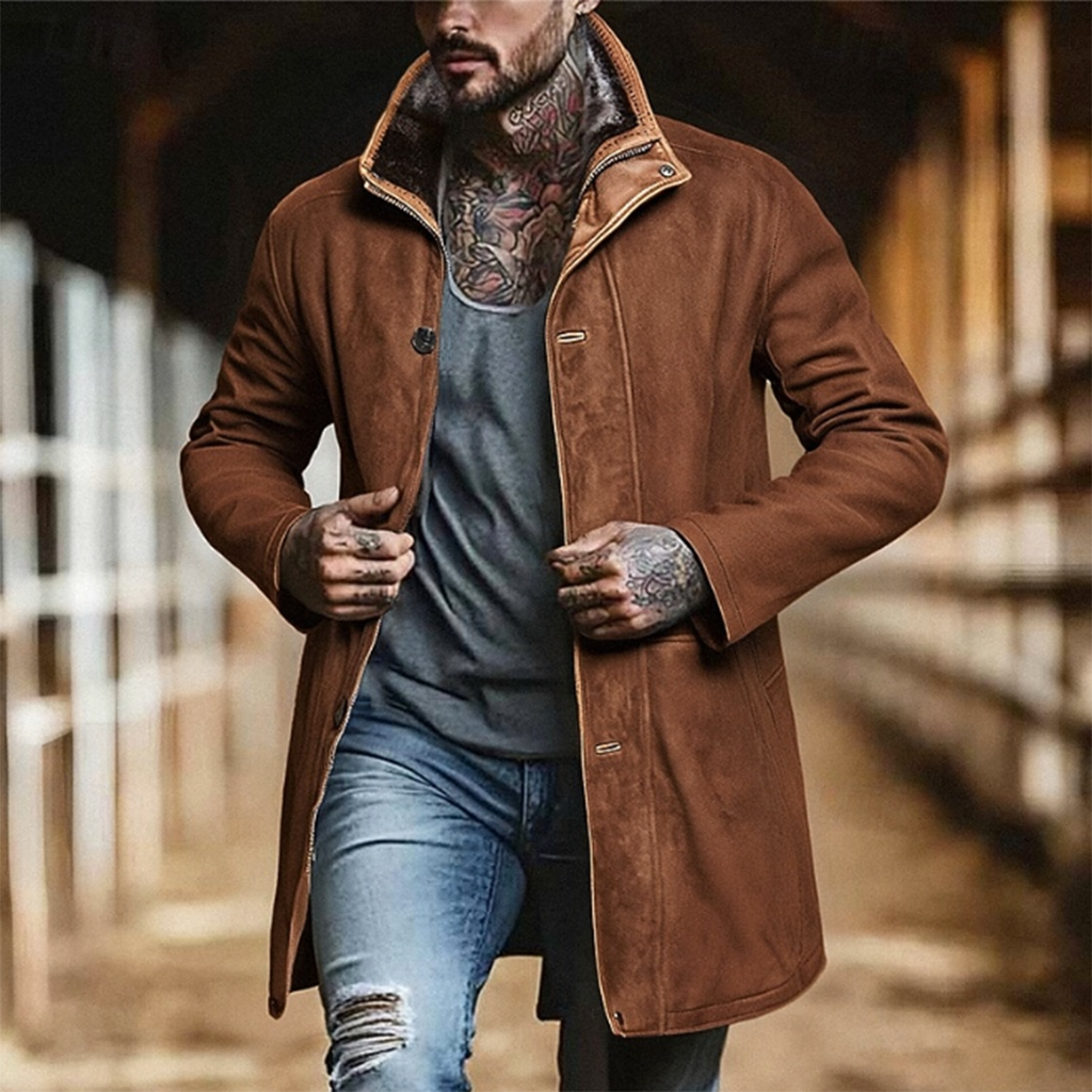 Men's Vintage Brown Suede-Like Jacket With Faux Fur Collar And Tattooed Style-Unitsen