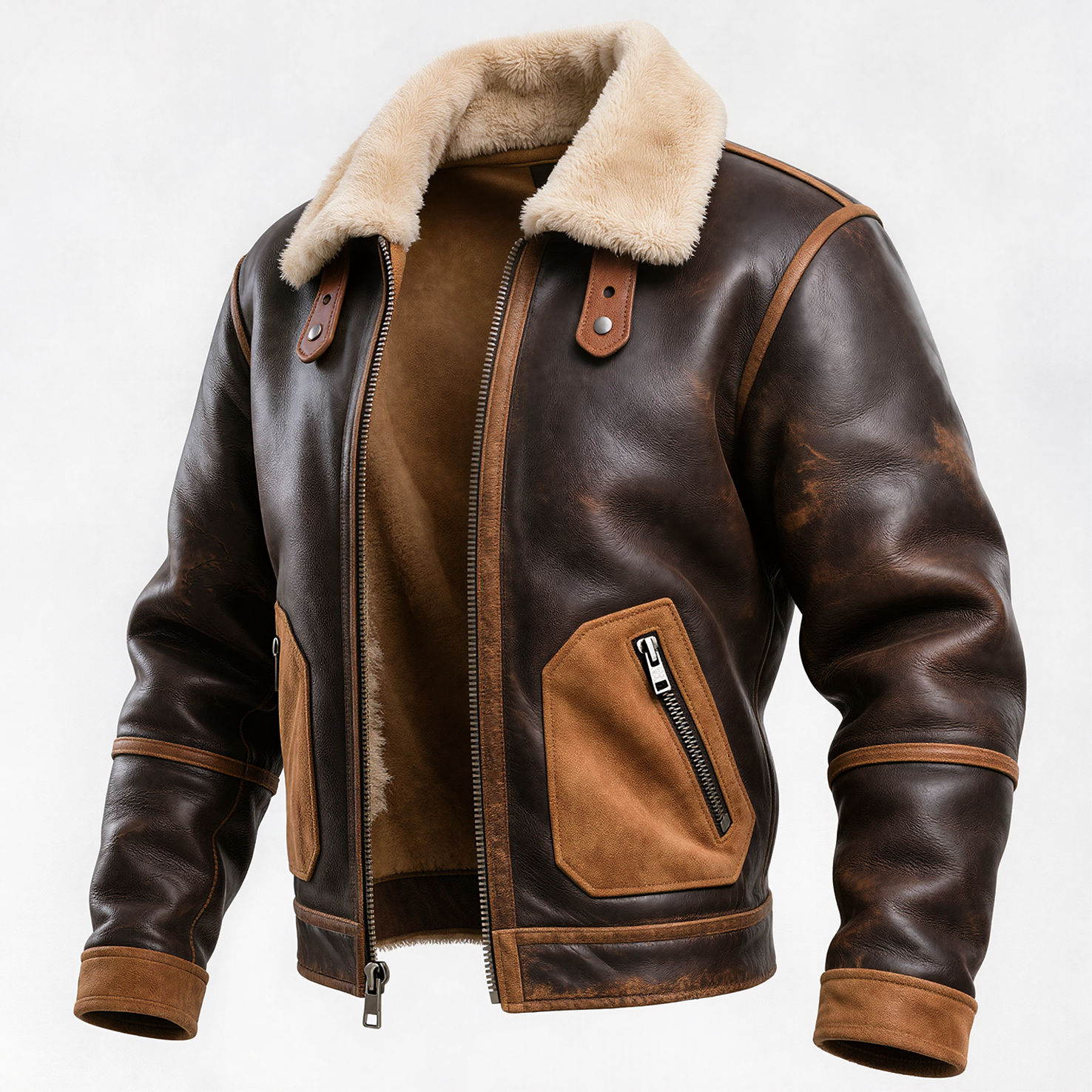 Men's Vintage Brown Leather Jacket With Faux Fur Collar