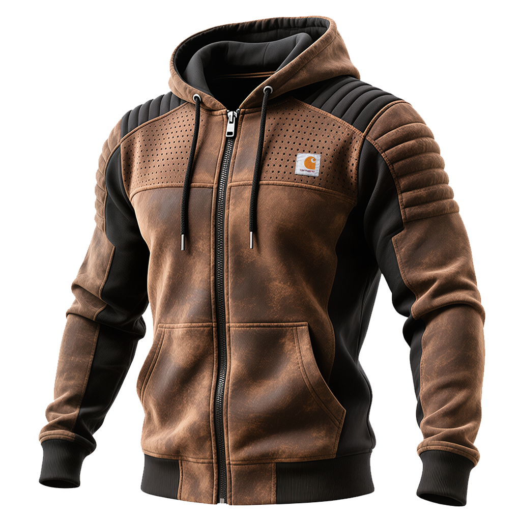 Men's Vintage Brown And Black Hooded Hoodie With Perforated Details-Unitsen