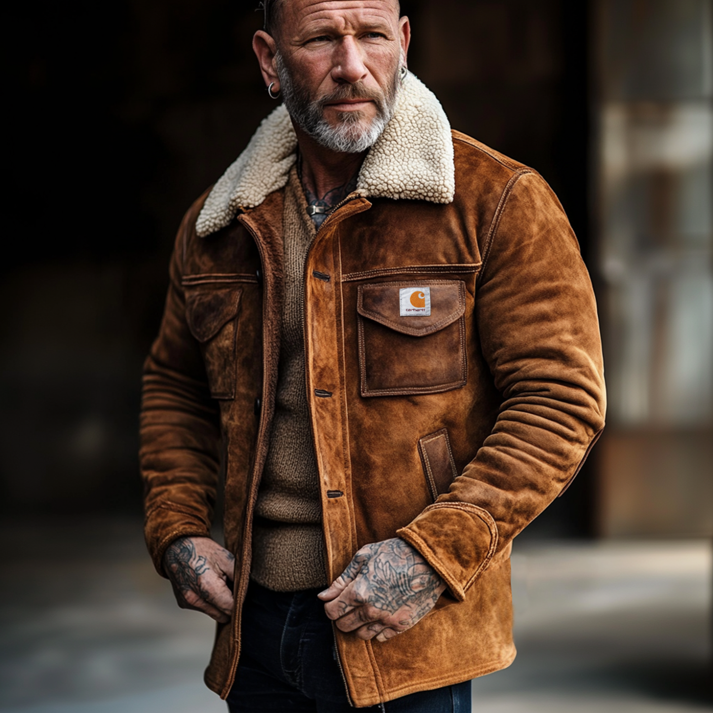 Carhartt Men's Vintage Brown Suede HeavyJacket With Shearling Collar-Unitsen