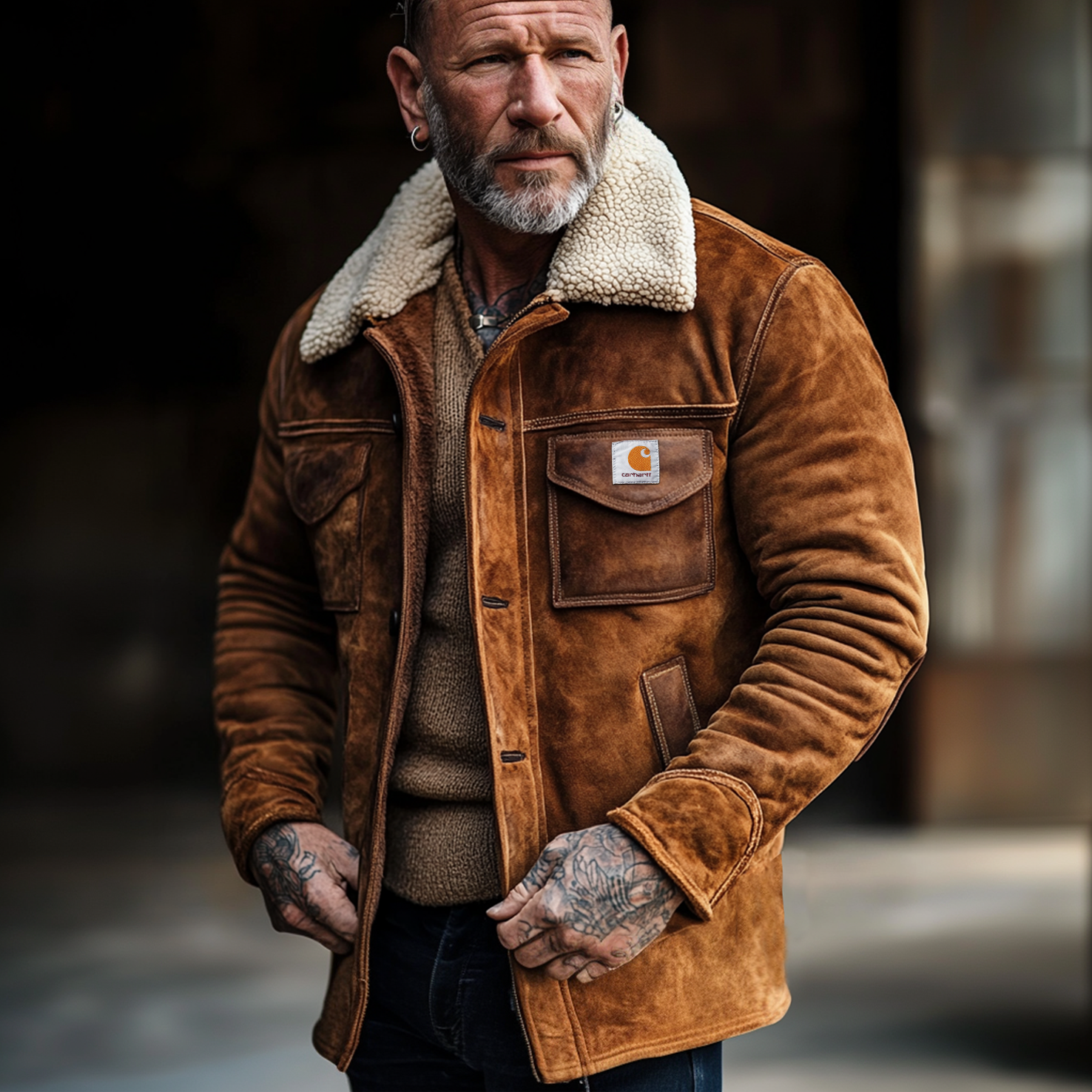 Carhartt Men's Vintage Brown Suede HeavyJacket With Shearling Collar-Unitsen