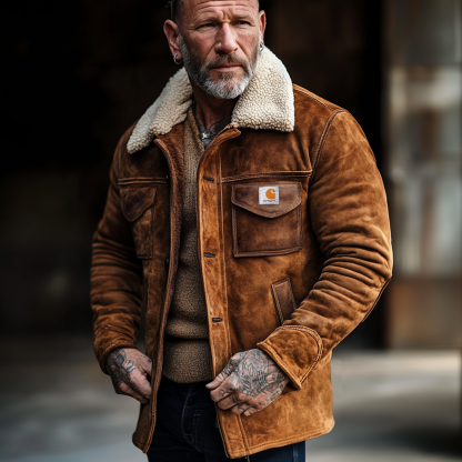Carhartt Men's Vintage Brown Suede HeavyJacket With Shearling Collar-Unitsen