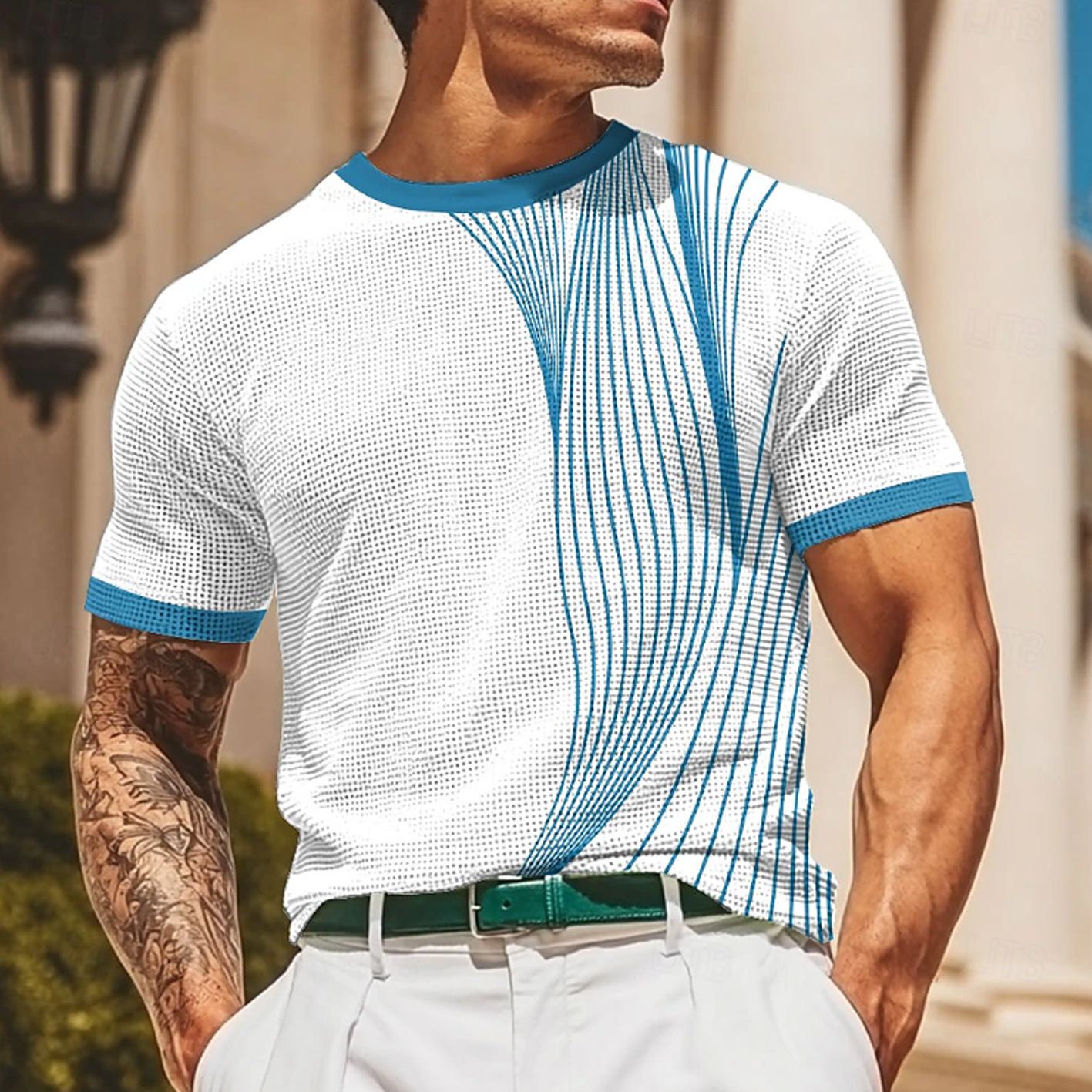 Men's Vintage Stylish Blue And White Mesh T-Shirt For Modern Men-Unitsen
