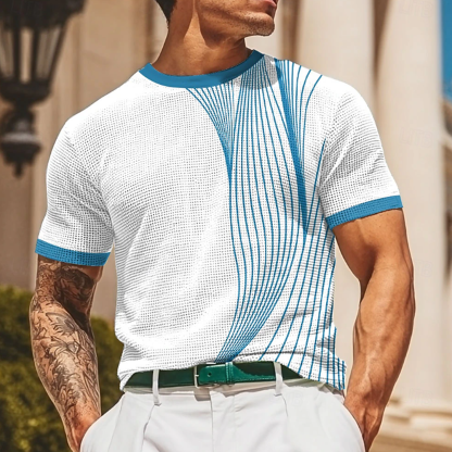 Men's Vintage Stylish Blue And White Mesh T-Shirt For Modern Men-Unitsen