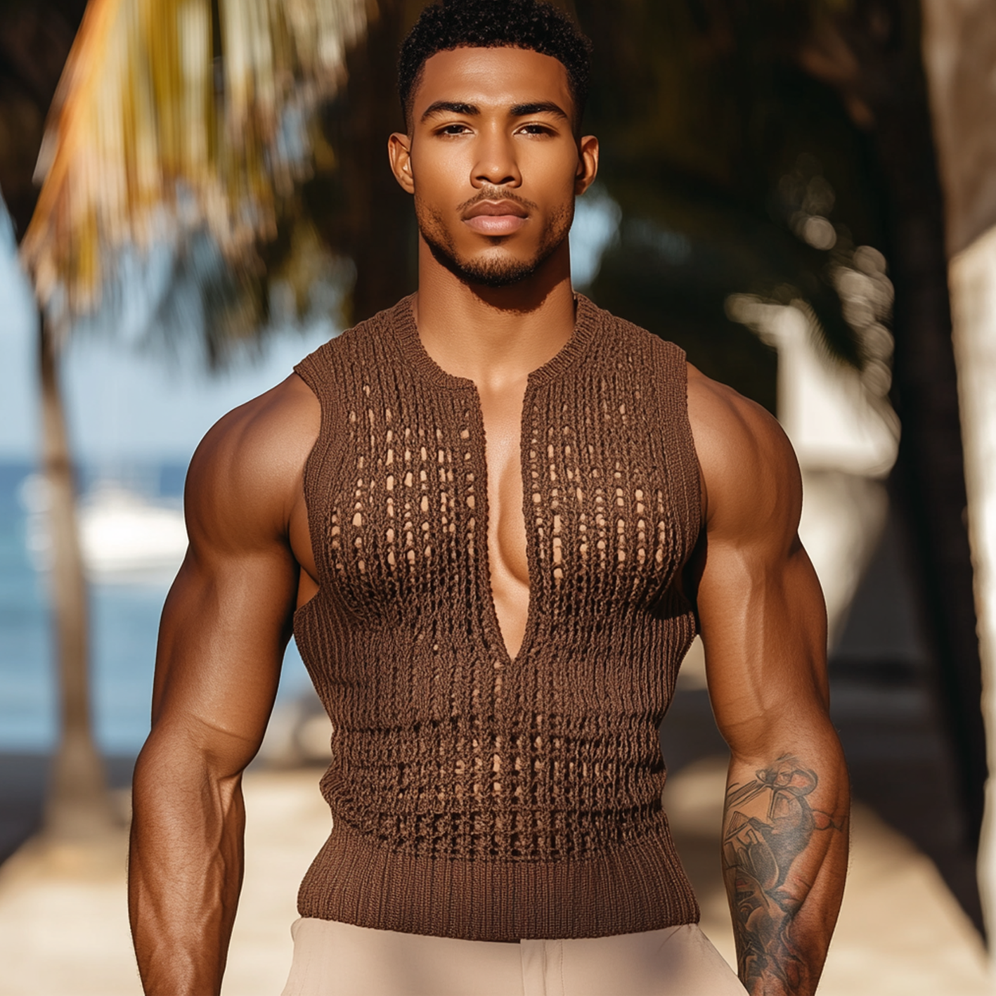 Men's Brown Knit Vest With Deep V-neck-Unitsen