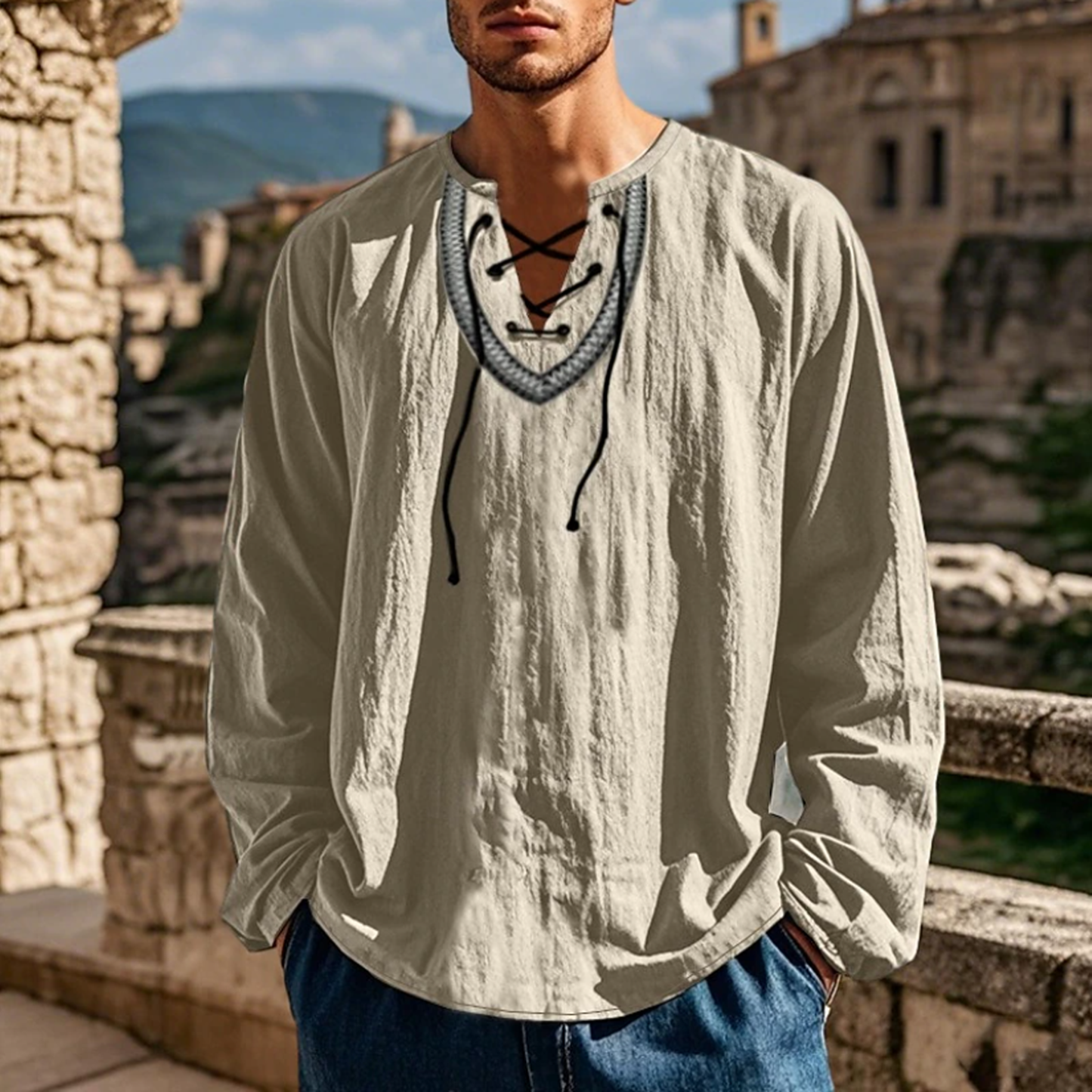 Men's Vintage-inspired Loose Fit Linen Blouse With Lace-up Detail-Unitsen