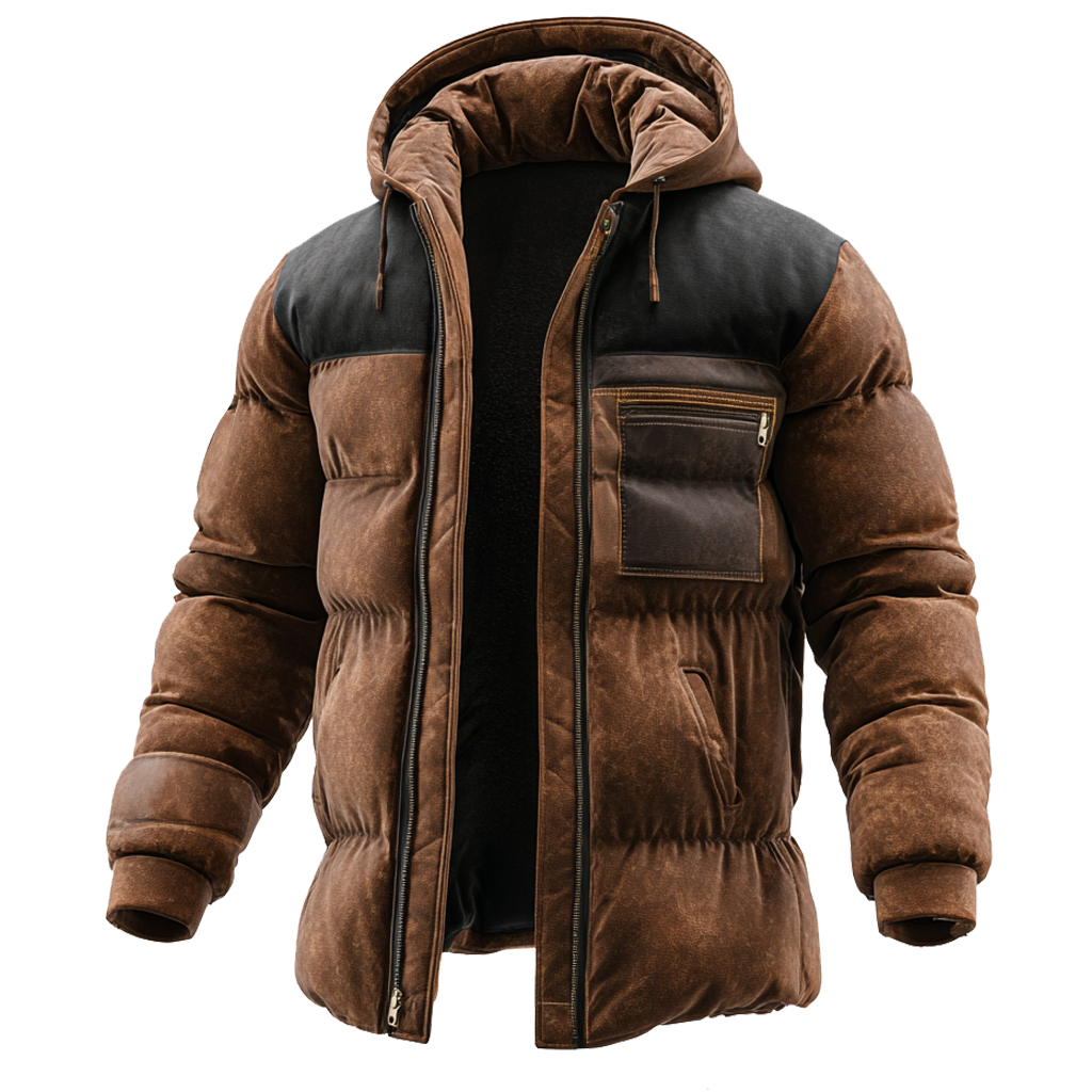 Men's Vintage Brown Suede Puffer Jacket With Hood And Chest Pocket-Unitsen