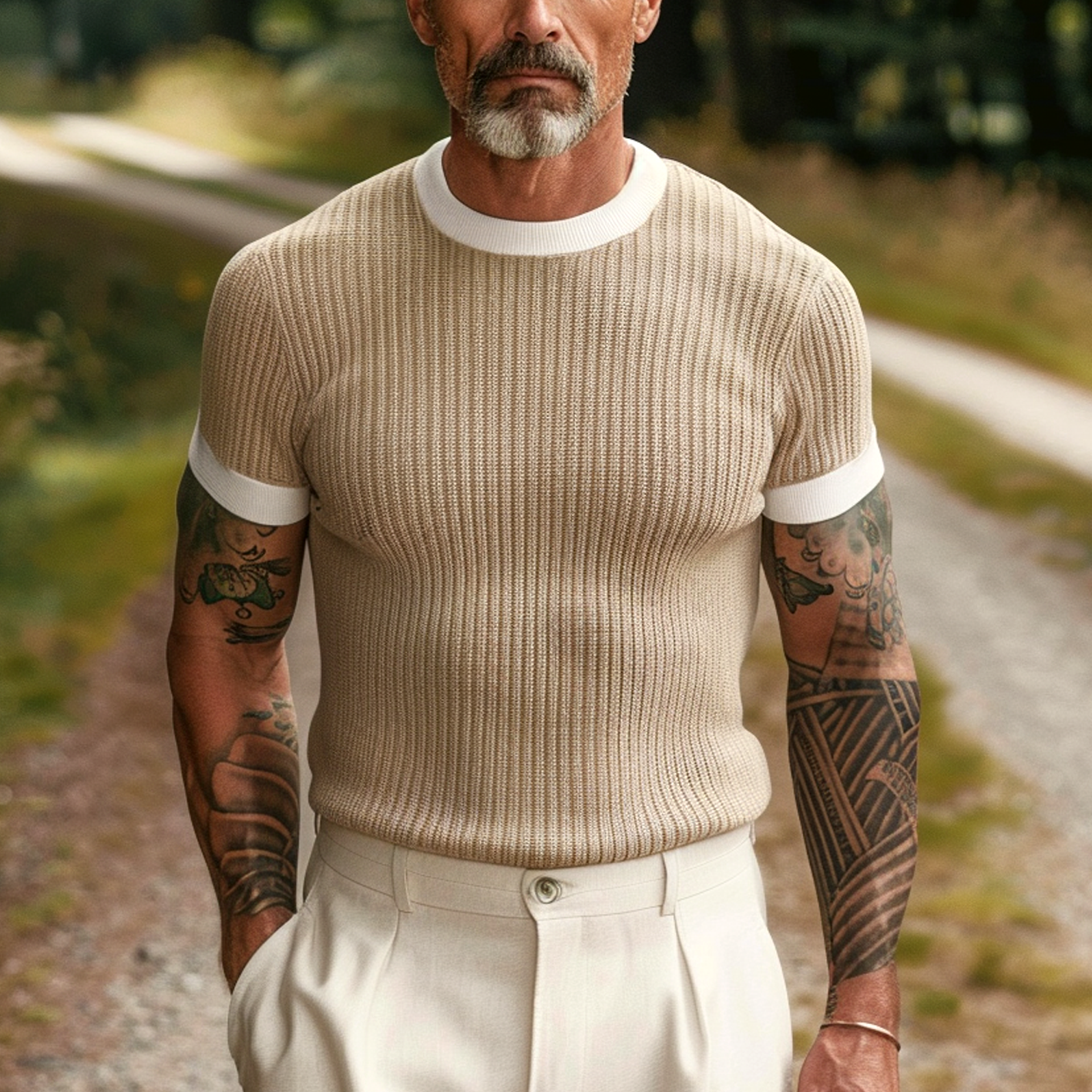 Men's Vintage Elegant Beige Knitwear-Unitsen