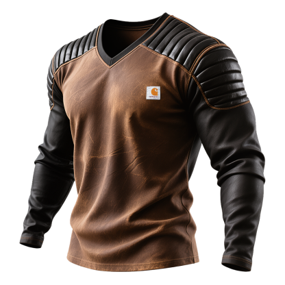 Men's Vintage Brown And Black Leather-Trimmed V-Neck Shirt-Unitsen