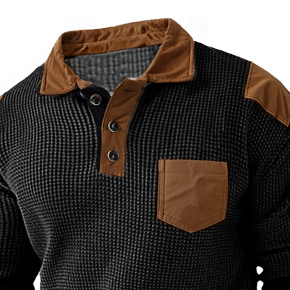 Men's Waffle Polo Shirt Long Sleeve Vintage Fashion Button Pocket Spring & Fall Black Polo Shirt-Unitsen