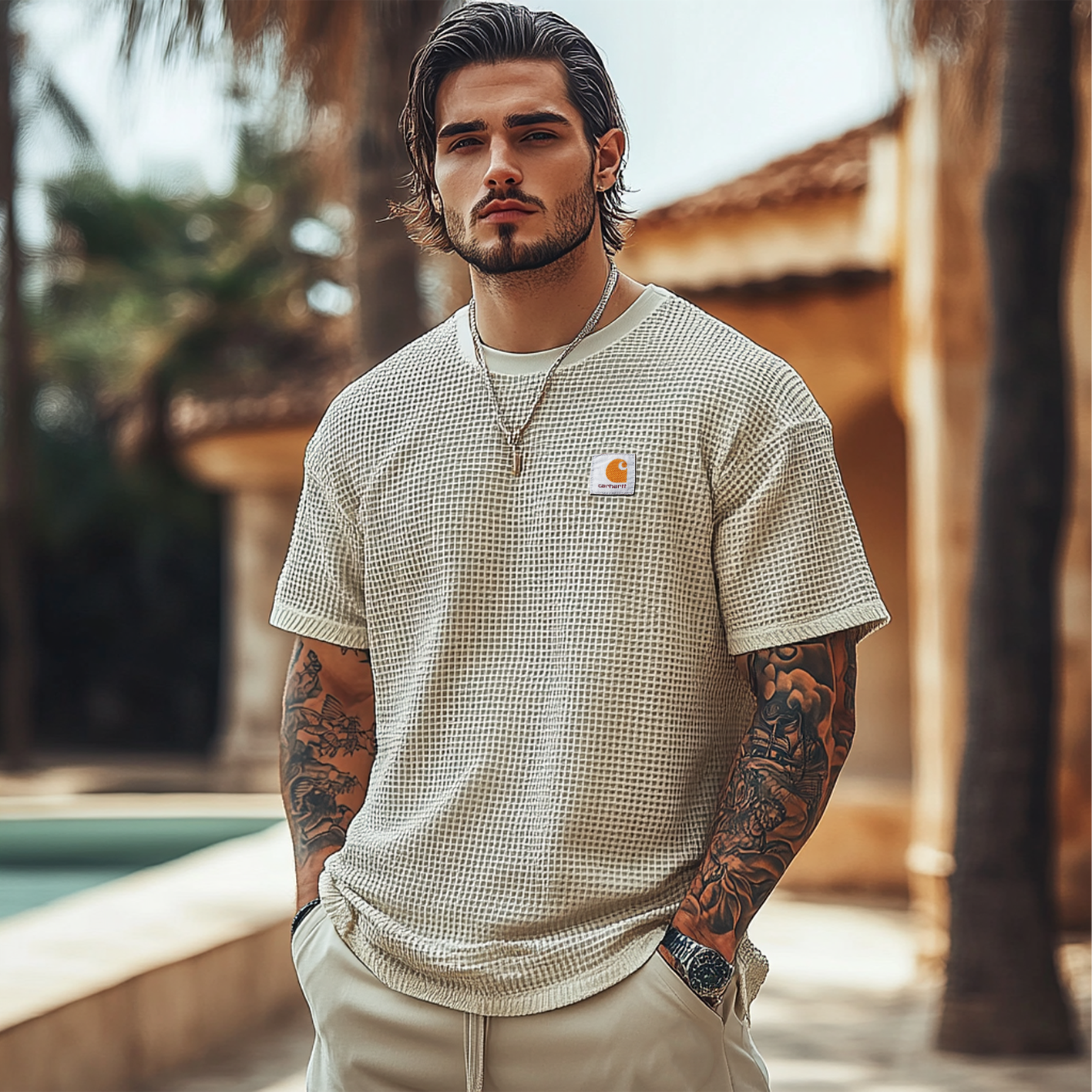 Men's Vintage Waffle Fabric Knit Lightweight Mesh T-Shirt - Perfect For Summer Outdoors-Unitsen