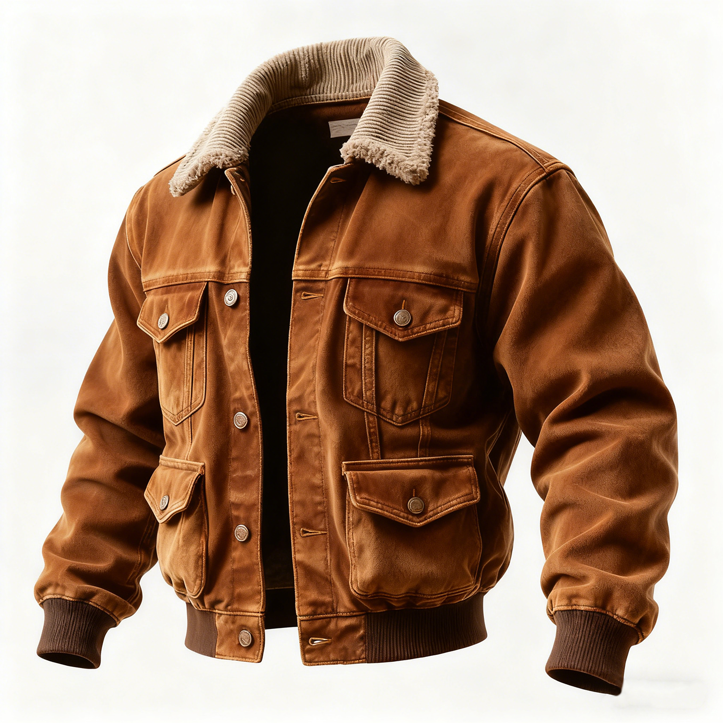 Men's Vintage Brown Corduroy Lined Jacket With Faux Fur Collar