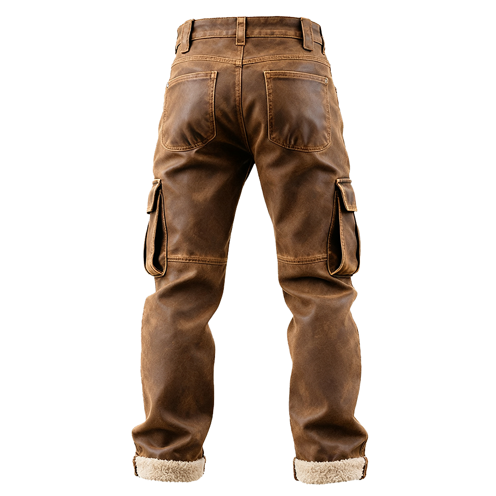 Men's Vintage Brown Leather Fleece Lining Cargo Work Pants-Unitsen
