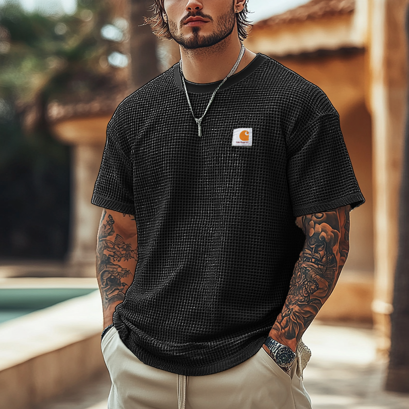 Men's Vintage Waffle Fabric Knit Lightweight Mesh T-Shirt - Perfect For Summer Outdoors-Unitsen