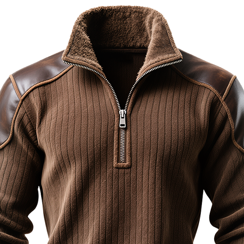 Men's Vintage Brown Ribbed Sweatshirt With Leather Accents And Fleece Collar-Unitsen