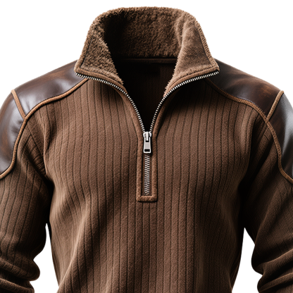 Men's Vintage Brown Ribbed Sweatshirt With Leather Accents And Fleece Collar-Unitsen