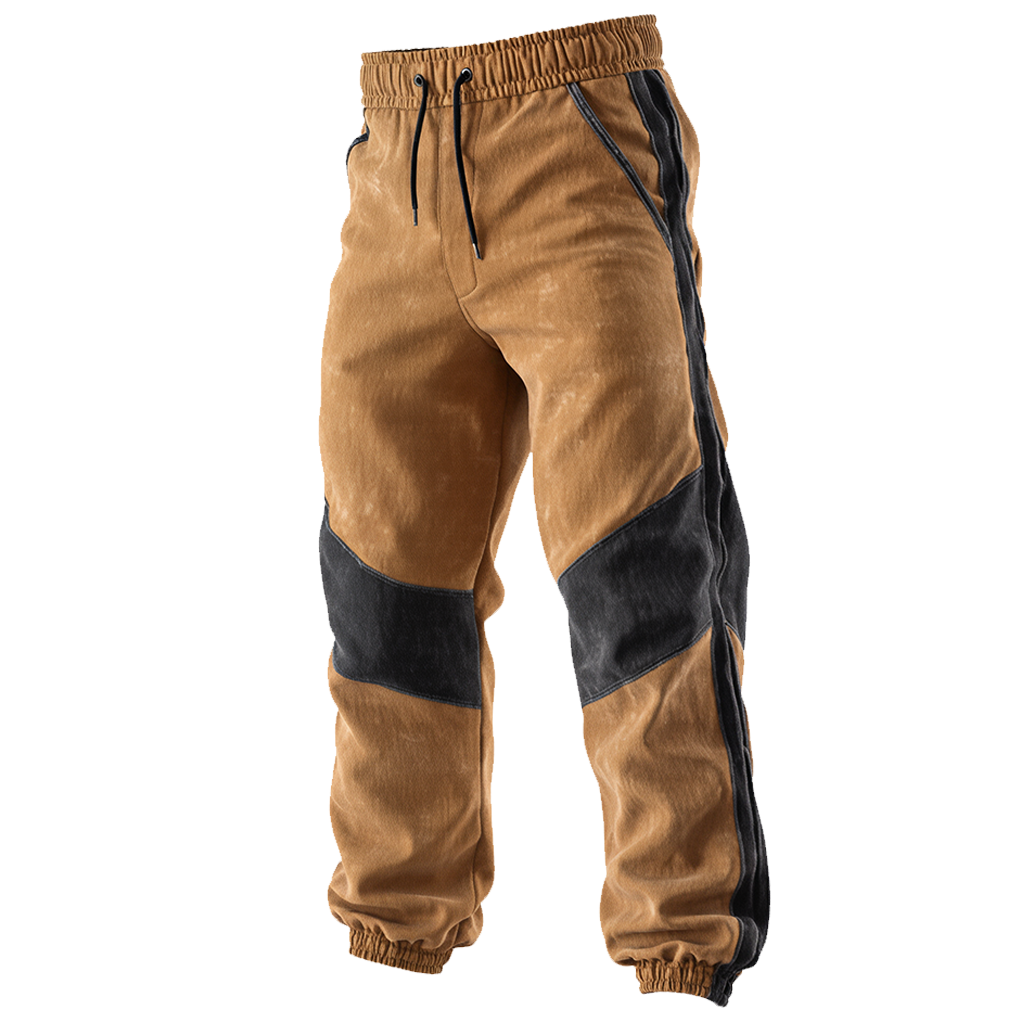 Men's Vintage Brown And Black Paneled Sweatpants With Drawstring Waist-Unitsen