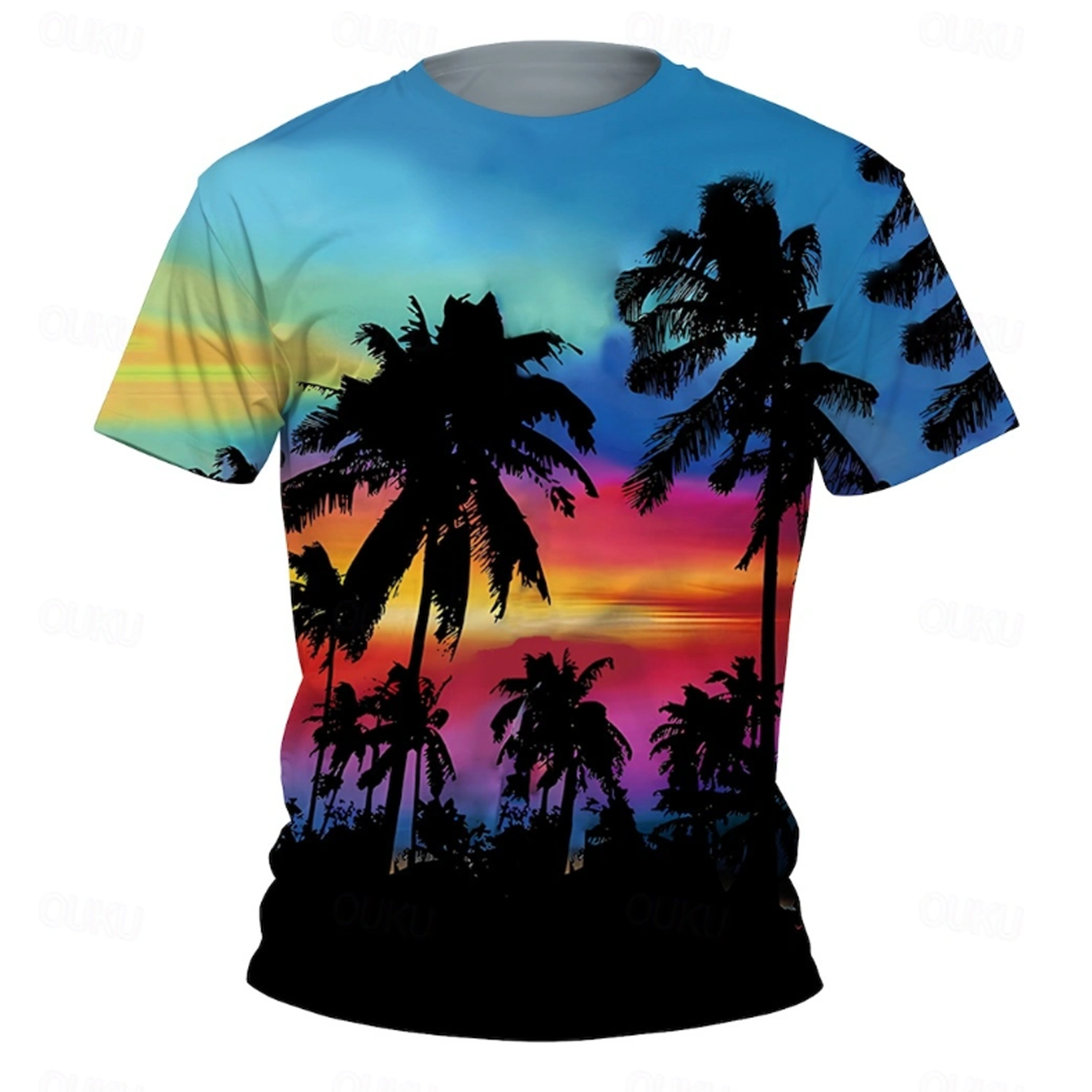 Men's Vintage Tropical Sunset Palm Tree Graphic T-Shirt-Unitsen