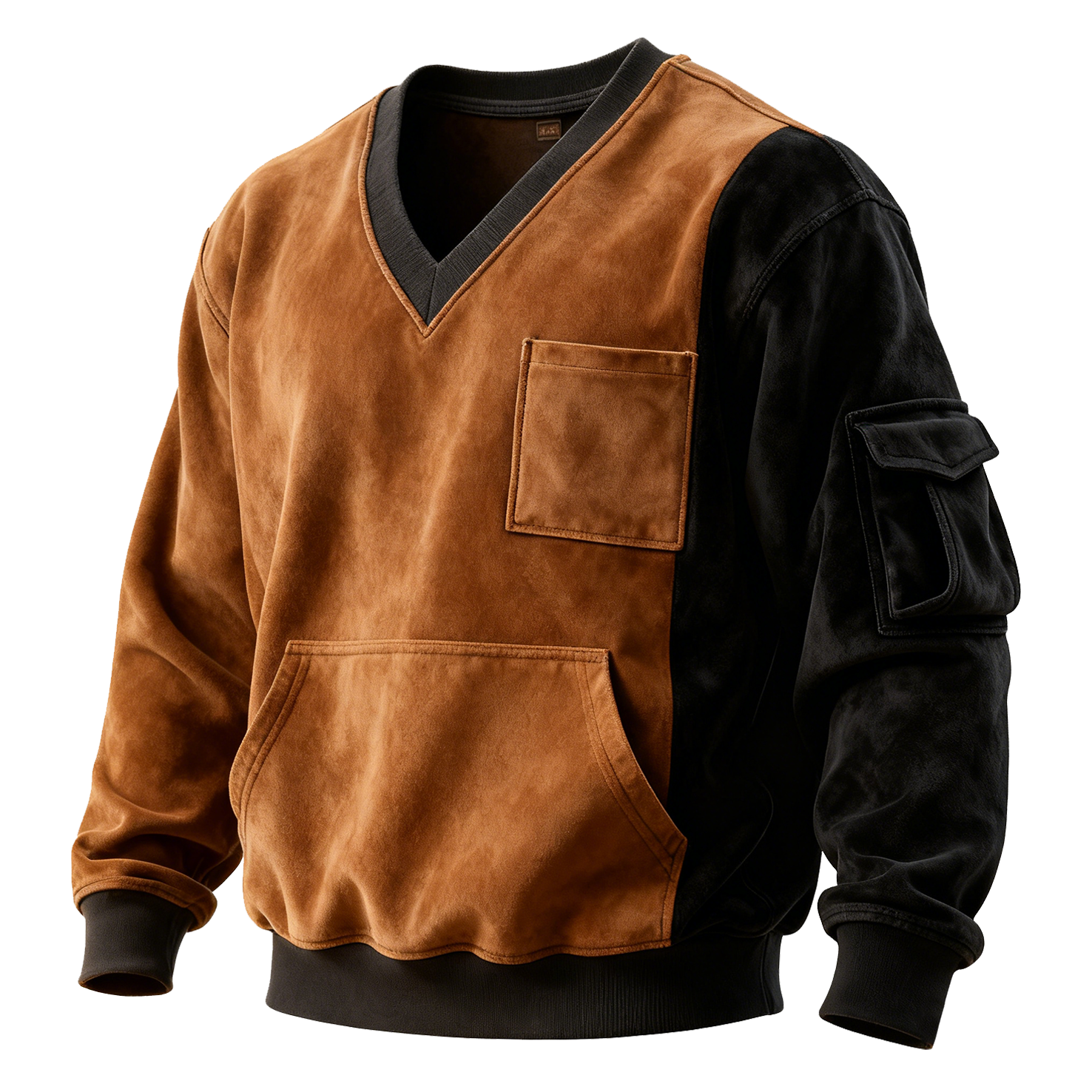 Men's Vintage Brown And Black Suede V-neck Sweatshirt With Pockets