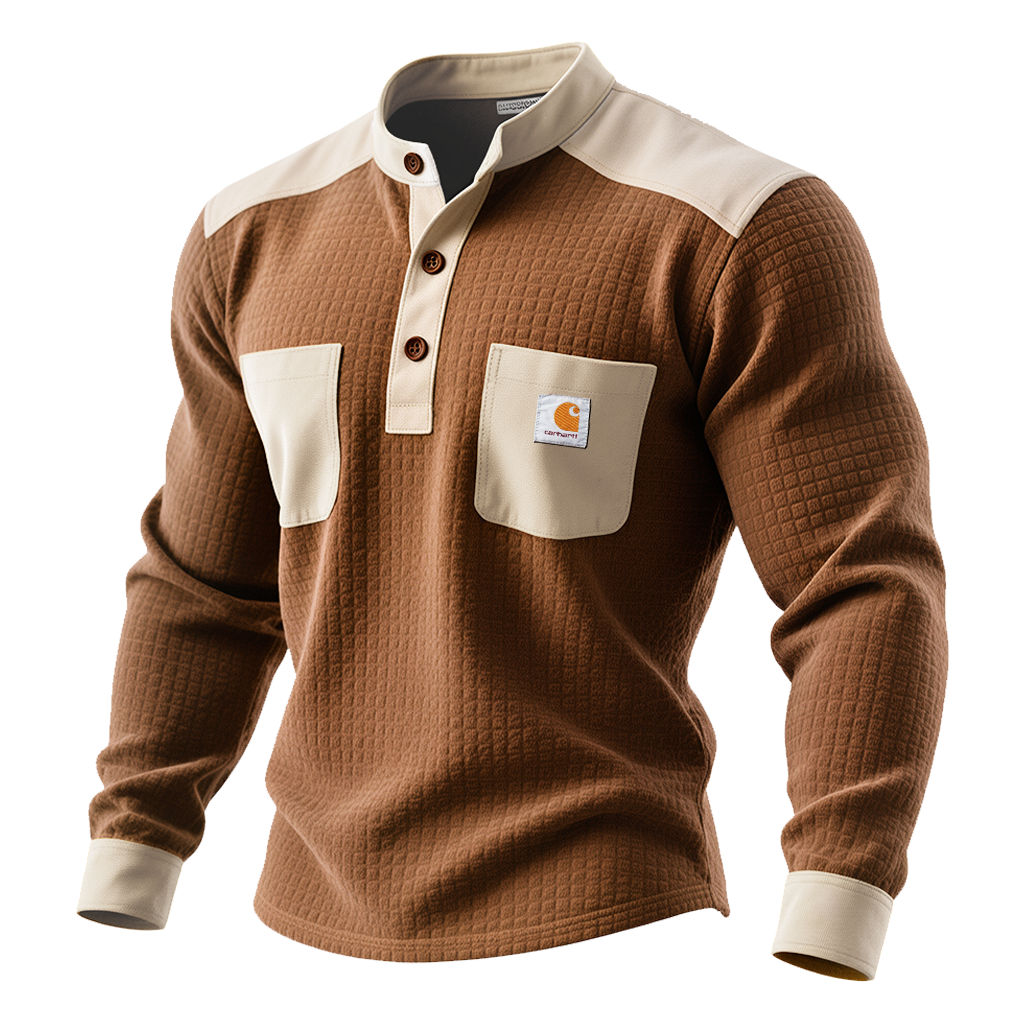 Men's Vintage Brown Henley Shirt With Contrast Patches And Logo Detail-Unitsen
