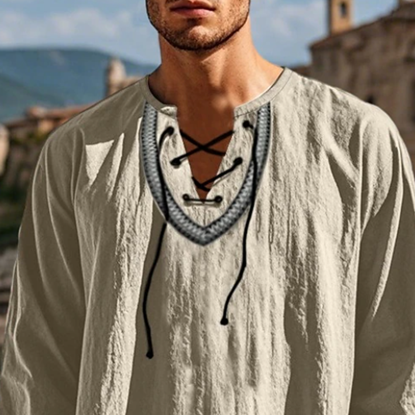 Men's Vintage-inspired Loose Fit Linen Blouse With Lace-up Detail-Unitsen