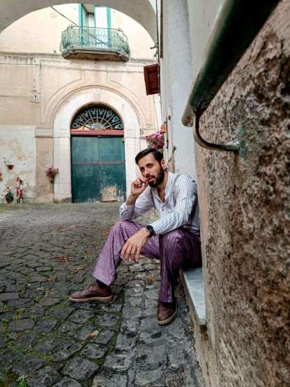 Men's Collarless Shirt Vintage Stripe Long Sleeve Daily Tops White-Unitsen