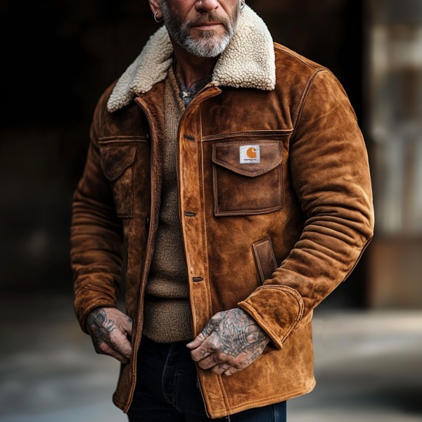 Carhartt Men's Vintage Brown Suede HeavyJacket With Shearling Collar-Unitsen