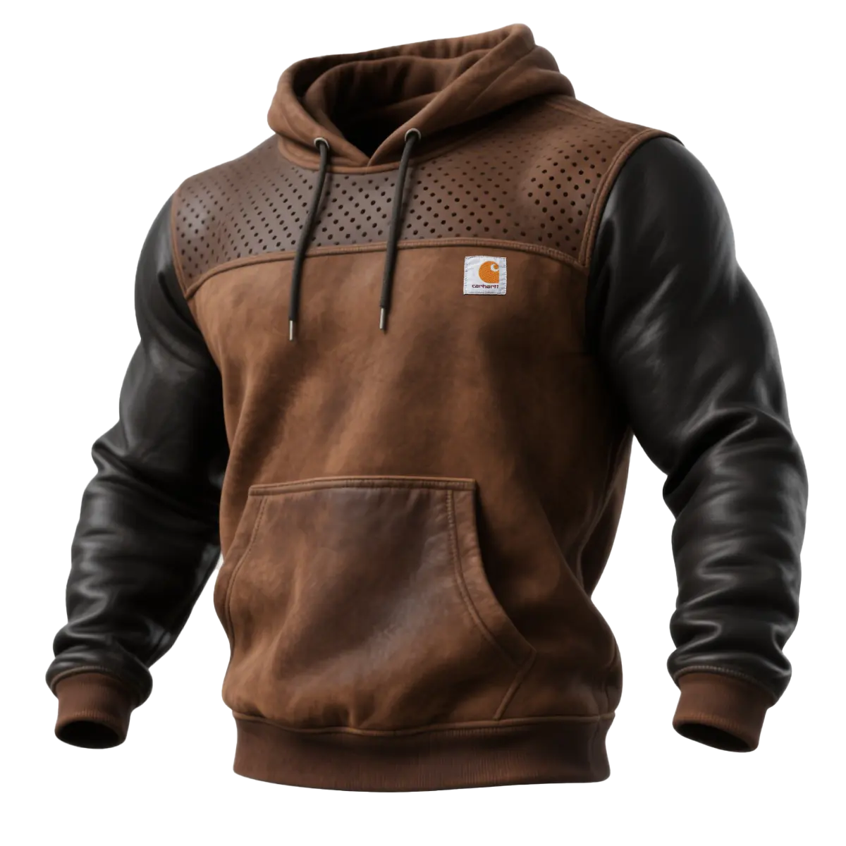 Men's Vintage Brown Leather And Fleece Hoodie-Unitsen