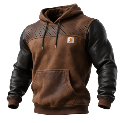 Men's Vintage Brown Leather And Fleece Hoodie-Unitsen