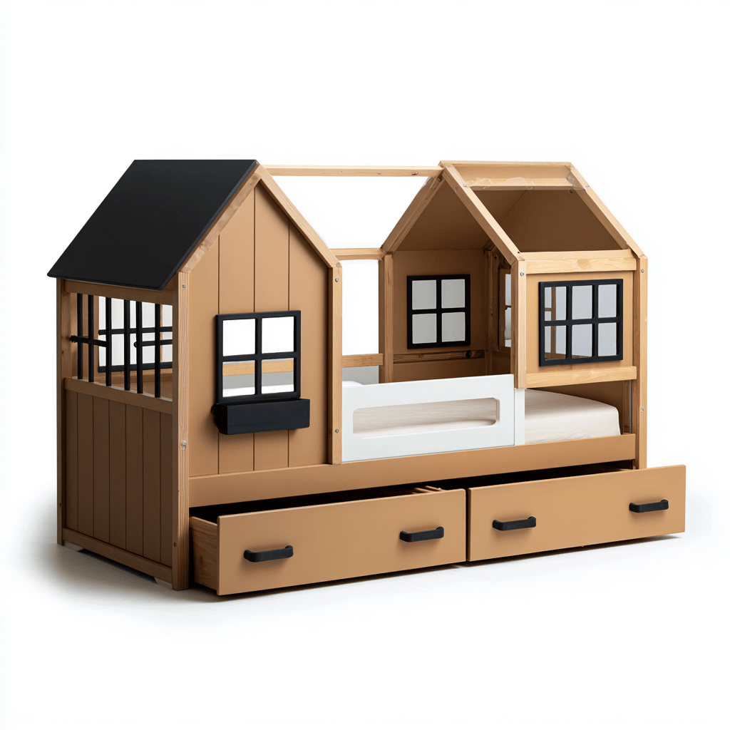 Letto per bambini a forma di casetta 205x104x170 cm in legno naturale e marrone con finestre e cassetti inferiori