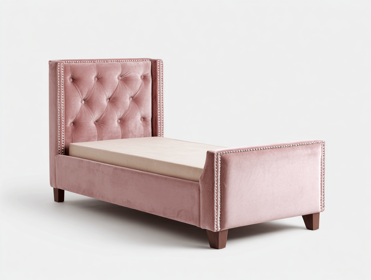 Letto singolo in velluto rosa 205x100 cm con testiera capitonné e dettagli con borchie decorative - stile elegante