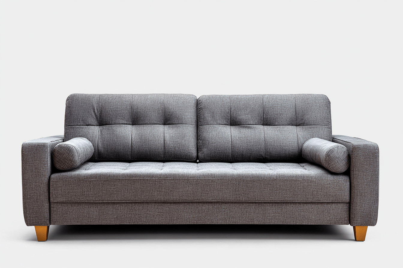 Divano 3 posti 200x92 cm - tessuto grigio - con cuscini cilindrici laterali e design moderno