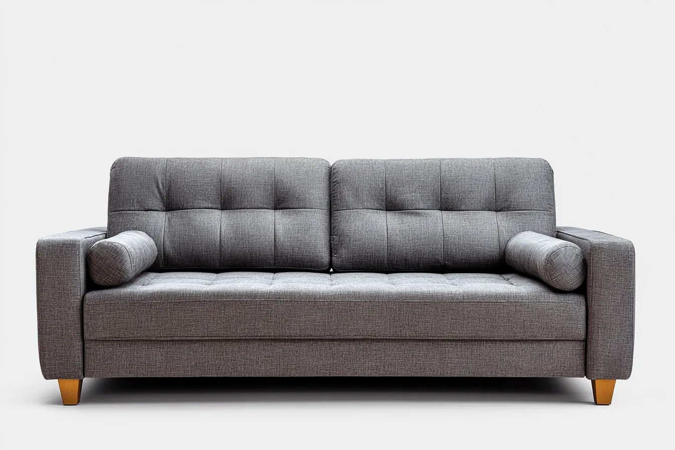 Divano 3 posti 200x92 cm - tessuto grigio - con cuscini cilindrici laterali e design moderno