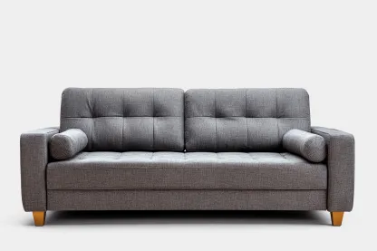 Divano 3 posti 200x92 cm - tessuto grigio - con cuscini cilindrici laterali e design moderno