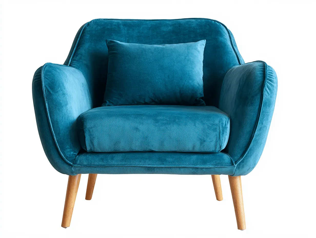 Poltrona imbottita in velluto blu petrolio 92x86x87 cm - gambe in legno naturale - con cuscino decorativo