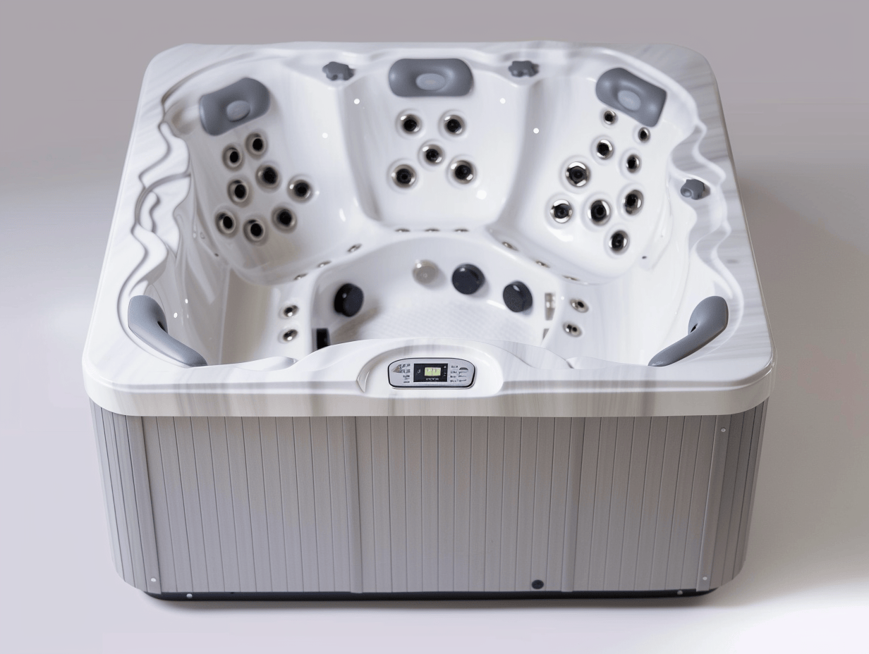 Vasca idromassaggio quadrata 225x225x95 cm - acrilico bianco marmorizzato - con getti massaggianti e poggiatesta ergonomici