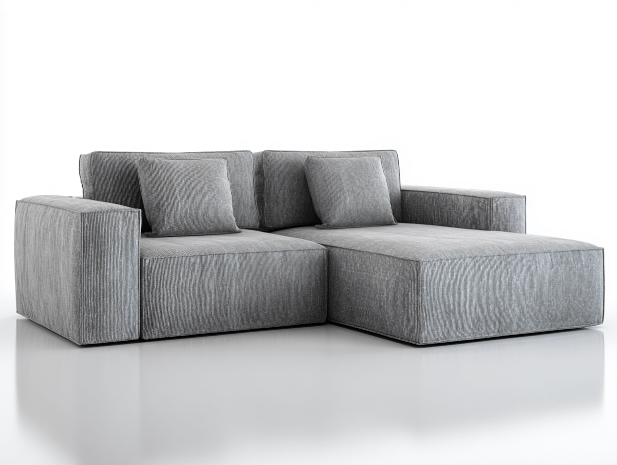 Divano angolare 3 posti in tessuto grigio 255x160x85 cm con chaise longue - cuscini inclusi - design moderno minimalista