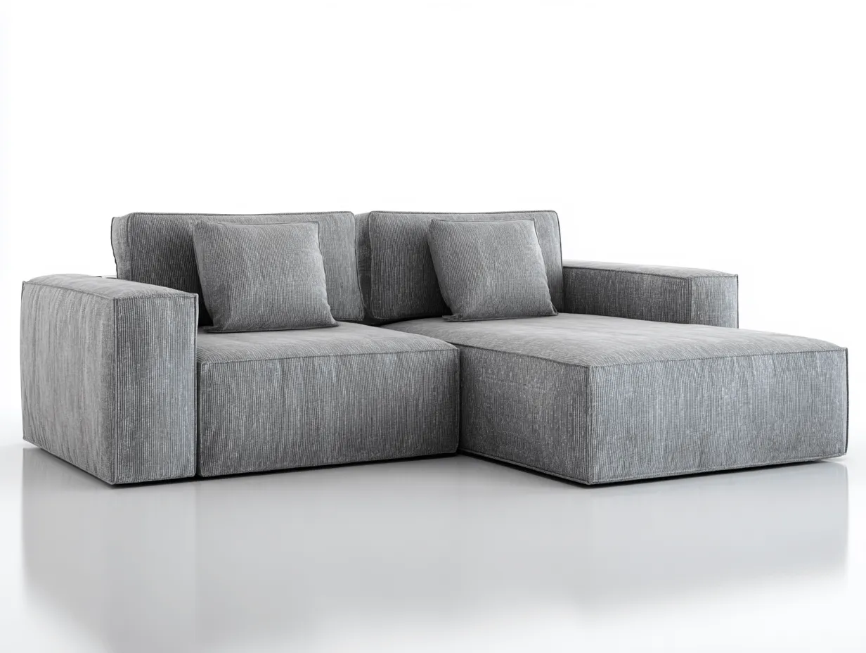 Divano angolare 3 posti in tessuto grigio 255x160x85 cm con chaise longue - cuscini inclusi - design moderno minimalista