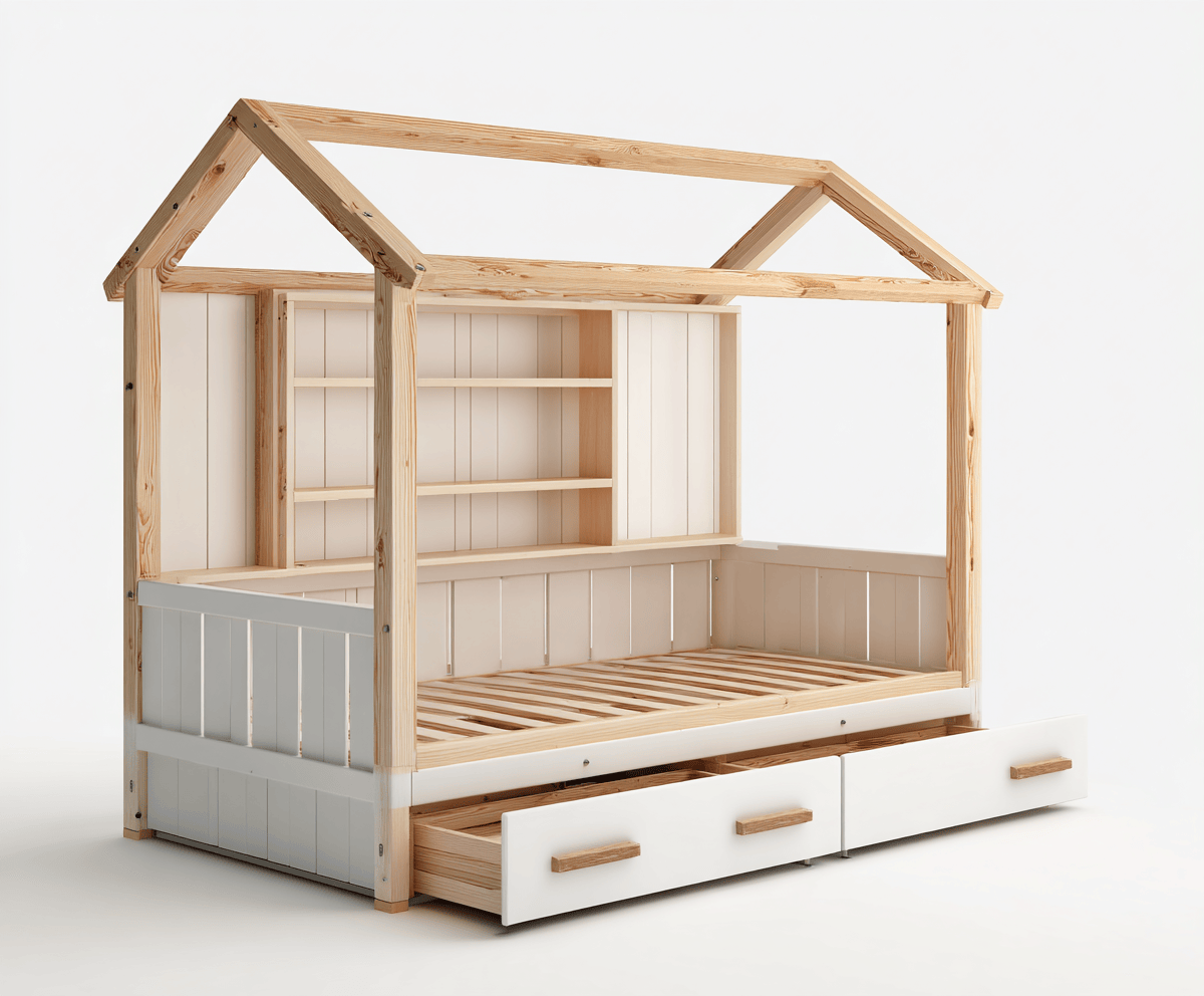 Letto casetta per bambini in legno di pino e bianco 210x105x190 cm con tetto aperto, scaffali e cassetti contenitori - design ludico e funzionale
