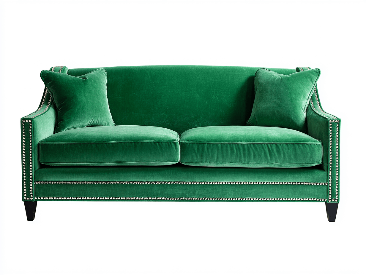 Sofa 2 posti in velluto verde smeraldo 155x85x88 cm - con 2 cuscini decorativi - dettagli con borchie