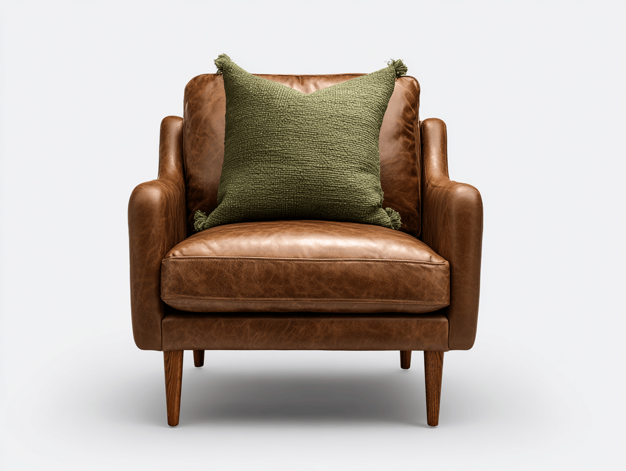 Poltrona in pelle marrone 89x83x90 cm con cuscino verde e gambe in legno - stile moderno raffinato