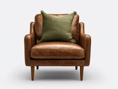 Poltrona in pelle marrone 89x83x90 cm con cuscino verde e gambe in legno - stile moderno raffinato