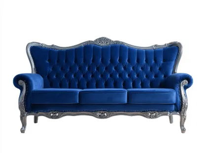 Divano 3 posti in velluto blu 210x95x105 cm con schienale capitonné e struttura in legno intagliato argento - stile classico barocco