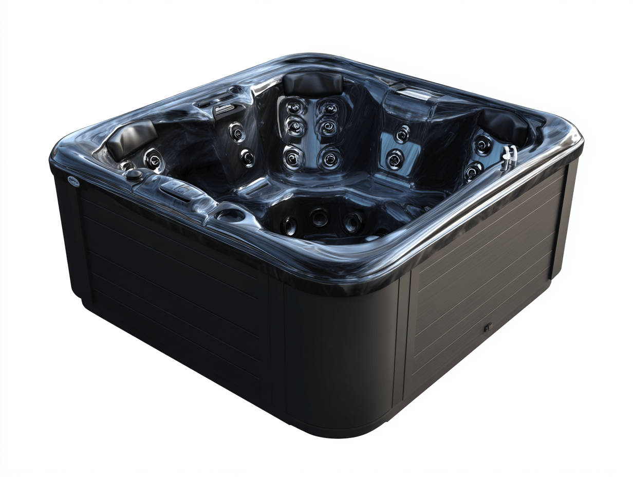 Vasca idromassaggio quadrata 220x220x95 cm - acrilico nero - con getti massaggianti e sedute ergonomiche