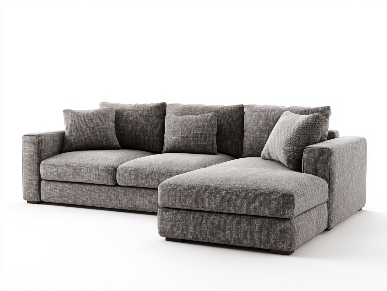 Divano angolare 3 posti in tessuto grigio 258x162x88 cm con chaise longue - cuscini inclusi - design moderno accogliente