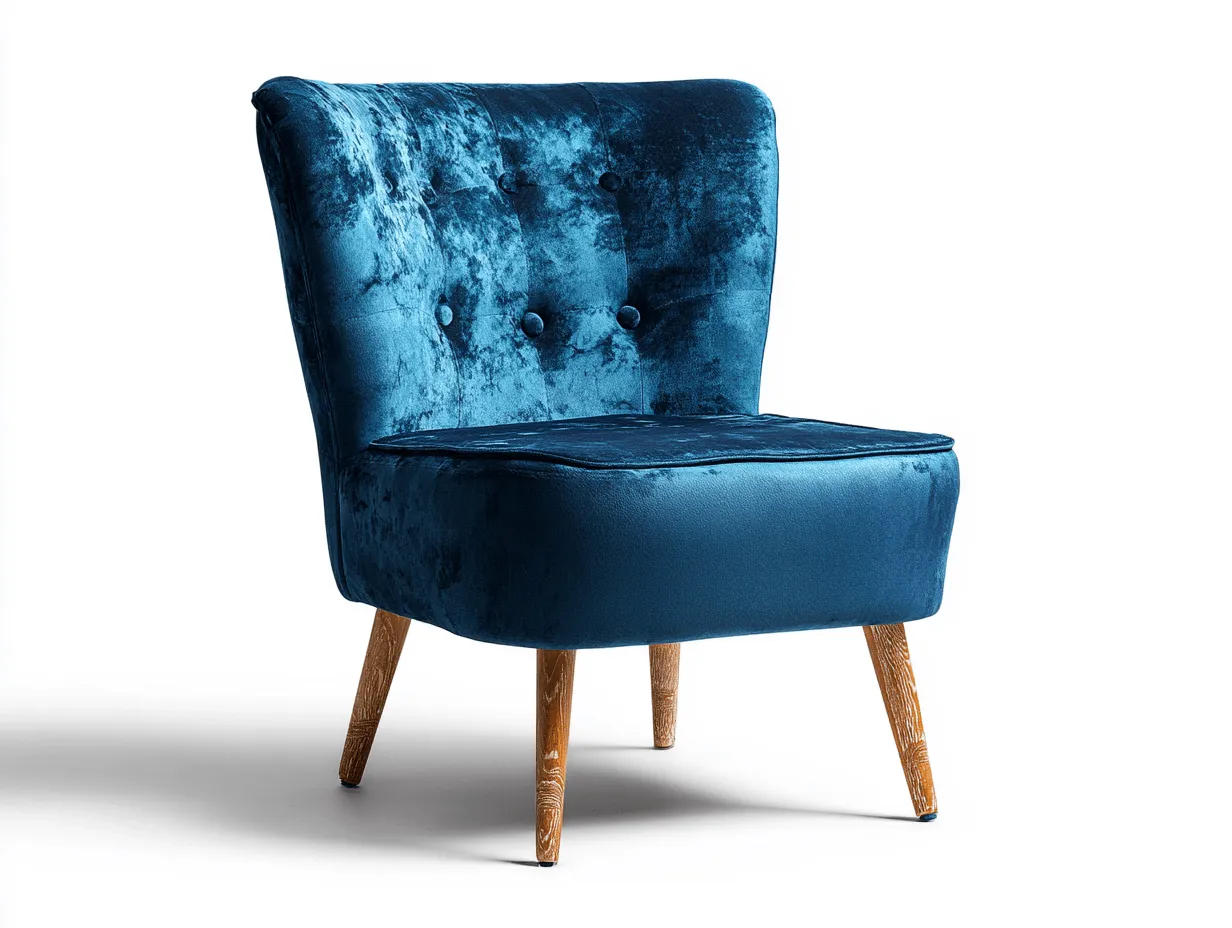 Poltrona imbottita in velluto blu scuro 78x72x82 cm - gambe in legno naturale - design con bottoni