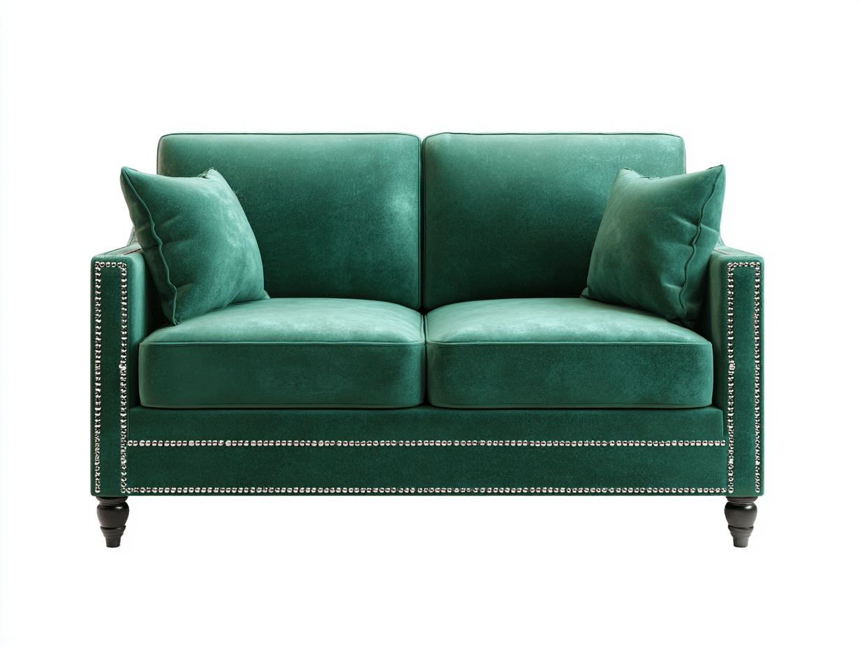 Sofa 2 posti in velluto verde smeraldo 145x82x87 cm - con cuscini decorativi - dettagli con borchie