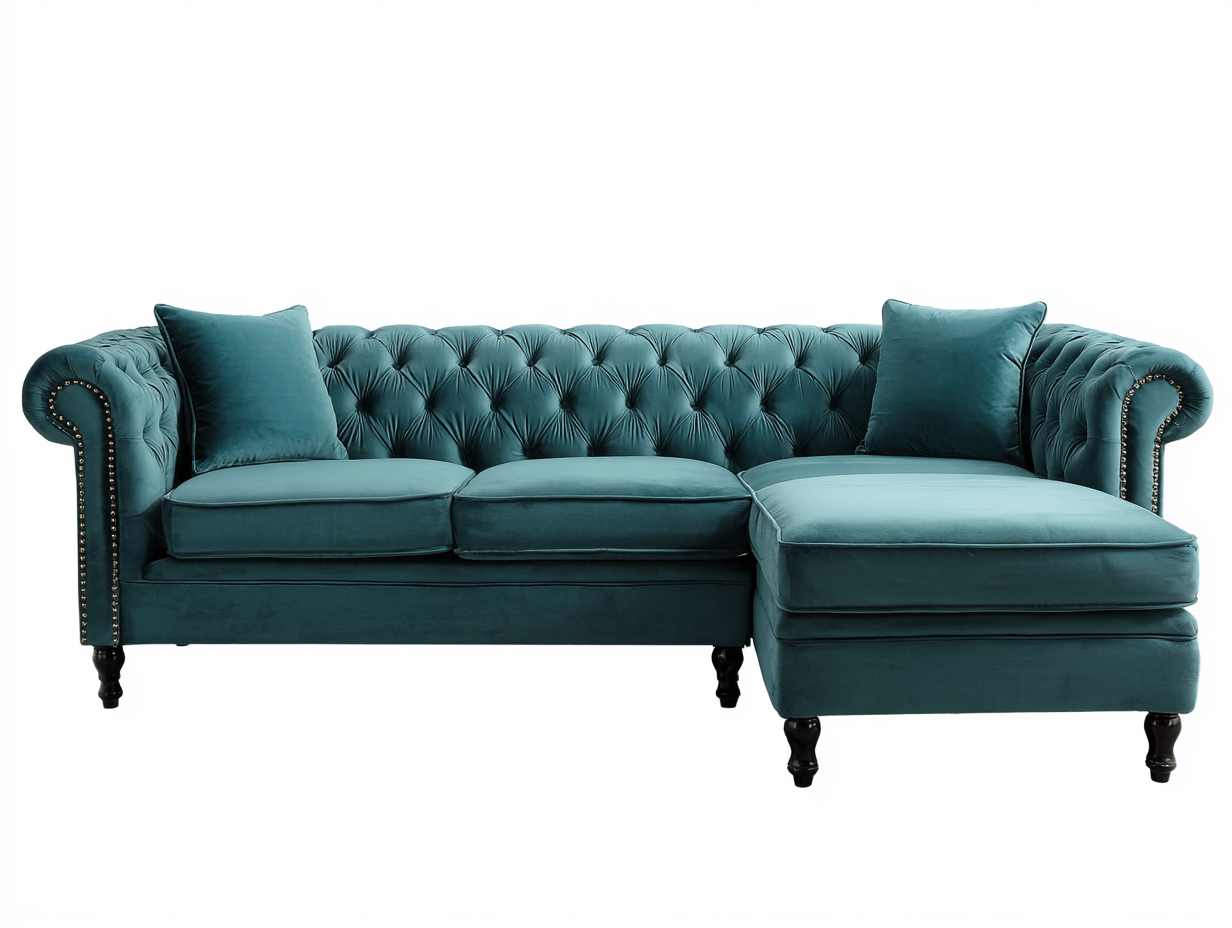 Divano angolare Chesterfield in velluto verde petrolio 270x160x85 cm con chaise longue - stile classico cappuccino - con 2 cuscini decorativi